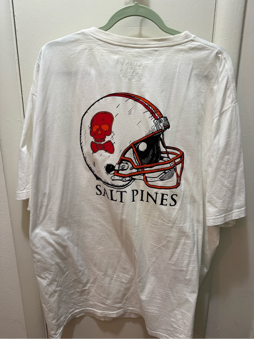 Salt Pines White Graphic Tee with Red & Black Helmet Print